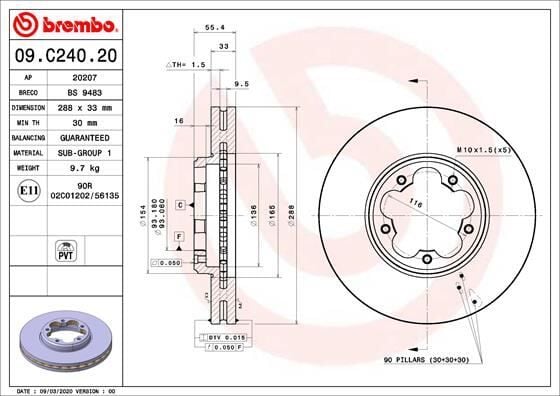BREMBO 09C24020 ON FREN DISKI AYNASI TRANSIT CUSTOM V362 12> ARKA TEK TEKER CAP 288 33 - Görsel 1