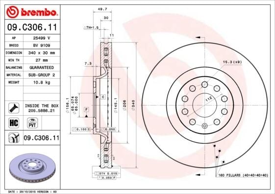 BREMBO 09C30611 ÖN FREN AYNASI HAVALI PASSAT 1.4 TSI/1.6 TDI/1.8 TSI/2.0 TSI/2.0 TDI/3.6 FSI 4MOTIÖN 10- PASSAT CC 1 986479734-DF6133S - Görsel 1