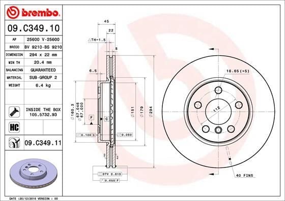 BREMBO 09C34911 FREN DISKI ON BMW F45 F46 F48 F39 . MINI F54 F55 F56 F57 F60 - Görsel 1