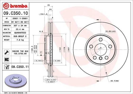 BREMBO 09C35011 FREN DISKI ON BMW F40 F44 F45 F46 F48 F39 F70 F74 U06 U10 U11 U12 . MINI F54 F55 F56 F57 F60 F67 F65 F66 - Görsel 1
