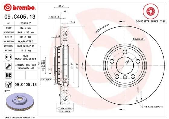 BREMBO 09C40513 FREN DISKI ON SOL BMW F07 F10 F11 F06 F12 F13 F01 F02 - Görsel 1
