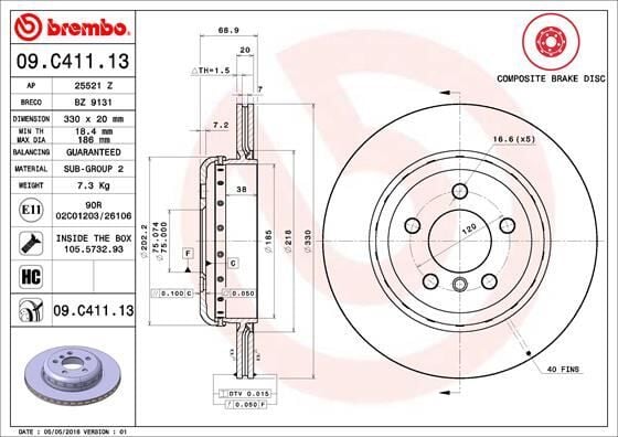 BREMBO 09C41113 FREN DISKI ARKA BMW F10 F11 F18 - Görsel 1