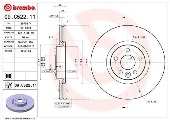 BREMBO 09C52211 ÖN FREN AYNASI ADET VOLVO XC60 D3 D4 D5 2.4D 2.0T 3.2 T5 T6 2008 >2017 CAP 324X5 BJN DELİKLİ - Görsel 1