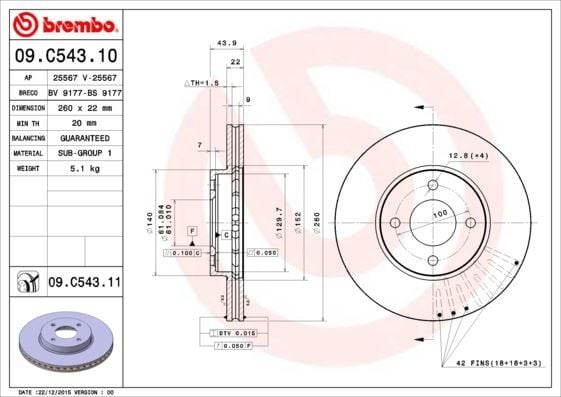 BREMBO 09C54311 ÖN FREN DİSKİ HAVA KANALLI NISSAN MICRA 1.2L HR12DE K13 11-15 / NOTE 1.2L 1.5L HR12DE K9K E12 13-16 260 ÇAP X 4 BİJON - Adet disk fiyatıdır - Görsel 1