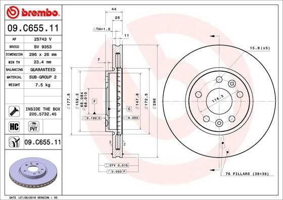 BREMBO 09C65511 ÖN FREN DİSKİ RENAULT MEGANE IV 15> TALISMAN 15> DIŞ ÇAP:296MM K:26MM Y:44MM 5 DELİK - Görsel 1