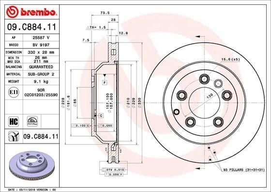 BREMBO 09C88411 ARKA FREN AYNASI HAVALI TOUAREG 2.5 R5 TDI/3.2 V6 03- 4.2 V8/5.0 V10 TDI 02- 3.0 V6 TDI 04- 6.0 W12 986479095-DF4487S - Görsel 1
