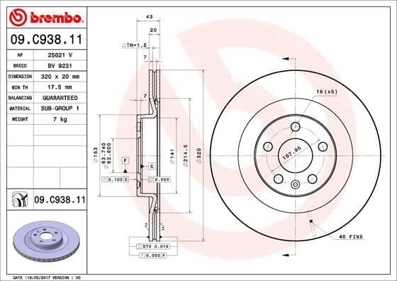 BREMBO 09C93811 ARKA FREN DİSKİ S60 III 224 -S90 II 234 -V60 II -V90 II 235-236 -XC40 536 -XC60 II XC90 2014 > DELİKLİ - Görsel 1