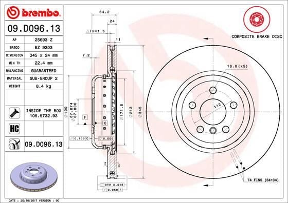 BREMBO 09D09613 FREN DISKI ARKA BMW G20 G21 G22 G23 G26 G30 G31 G38 G32 G11 G12 G14 G15 G16 G01 G02 G05 G29 - Görsel 1
