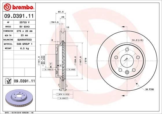 BREMBO 09D39111 ÖN FREN AYNASI ASTRA K 15 > 15 İNÇ / 5 DELİK 276x26x5DL HAVALI - Görsel 1
