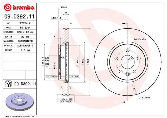 BREMBO 09D39211 ÖN FREN AYNASI ASTRA K 15 > 16 İNÇ / 5 DELİK 300x26x5DL HAVALI - Görsel 1