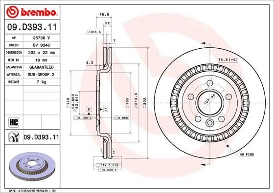 BREMBO 09D39311 ARKA FREN AYNASI VOLVO S60 10 >13 > S80 II 08 >13 > V60 10 > V70 08 > XC70 07 >13 > 302x5DL - Görsel 1