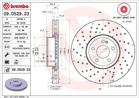 BREMBO 09D52923 FREN DISKI ON MERCEDES W205 S205 C205 A205 W213 S213 C238 - Görsel 1