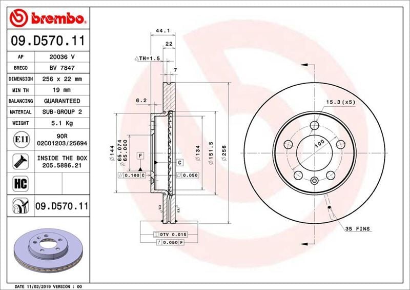 BREMBO 09D57011 ÖN FREN AYNASI POLO VI 18 >IBIZA V 17 >A1 19 >KAMIQ-SCALA 19 > 256x22x5DLxHAVALI 0986479F32-DF6584 - Görsel 1