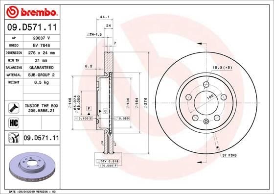 BREMBO 09D57111 FREN DİSKİ ÖN VW-SKODA-SEAT-AUDİ-A1-ARONA-İBİZA-KAMİQ-SCALA-POLO-T CROSS-TAIGO 18> 276x24x5 - Görsel 1