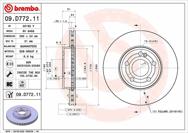 BREMBO 09D77211 FREN DISKI ON MERCEDES W177 V177 W247 C118 X118 - Görsel 1