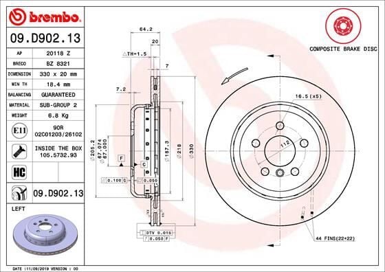 BREMBO 09D90213 FREN DISKI ARKA SOL BMW G20 G21 G28 G22 G23 G26 G30 G31 G32 G11 G12 G08 G01 G02 G05 G29 - Görsel 1