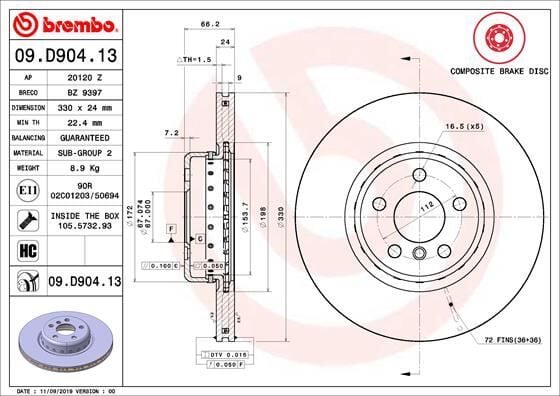BREMBO 09D90413 FREN DISKI ON BMW G20 G80 G28 G21 G81 G30 F90 G31 G01 F97 G08 G02 F98 G29 - Görsel 1