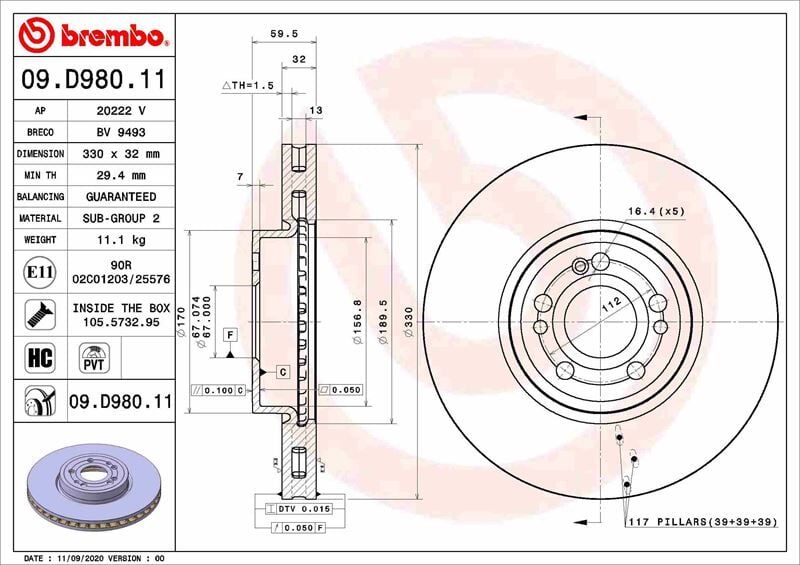 BREMBO 09D98011 FREN DISKI ON MERCEDES GLE-CLASS V167 18>23 - Görsel 1