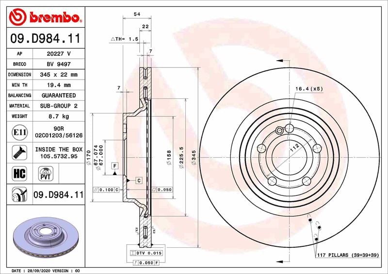 BREMBO 09D98411 FREN DISKI ARKA MERCEDES V167 C167 X167 - Görsel 1