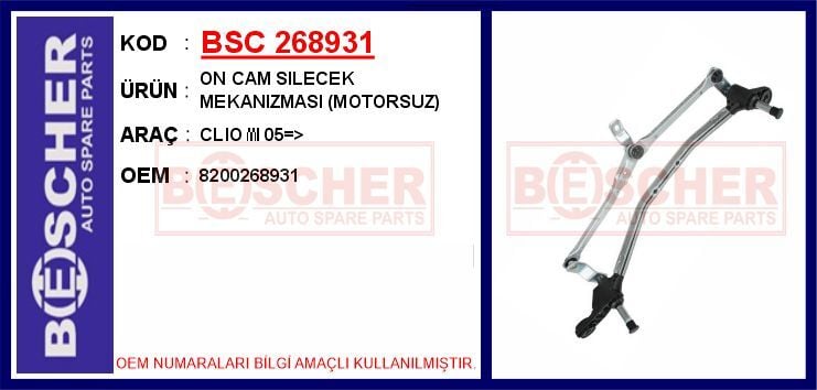BSC 268931 ÖN CAM SİLECEK MEKANİZMASI MOTORSUZ RENAULT CLIO III 05> - Görsel 1