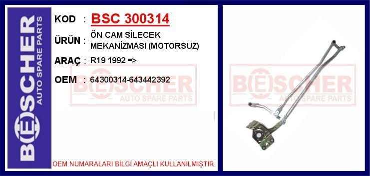 BSC 300314 ÖN CAM SİLECEK MEKANİZMASI MOTORSUZ R19 1992 > - Görsel 1