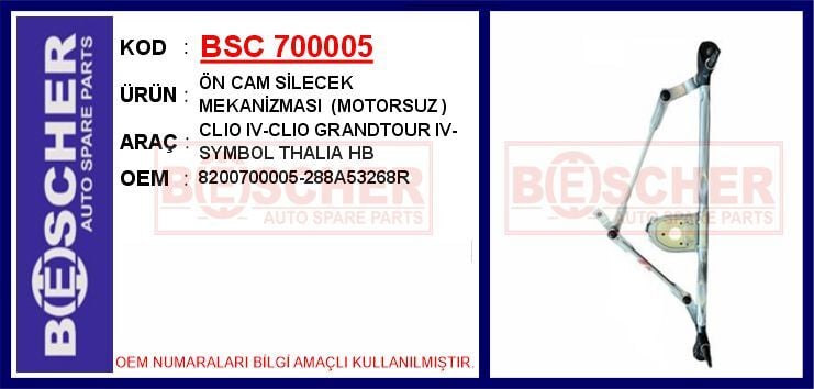 BSC 700005 ÖN CAM SİLECEK MEKANİZMASI MOTORSUZ CLIO IV-CLIO GRANDTOUR IV-SYMBOL THALIA HB - Görsel 1