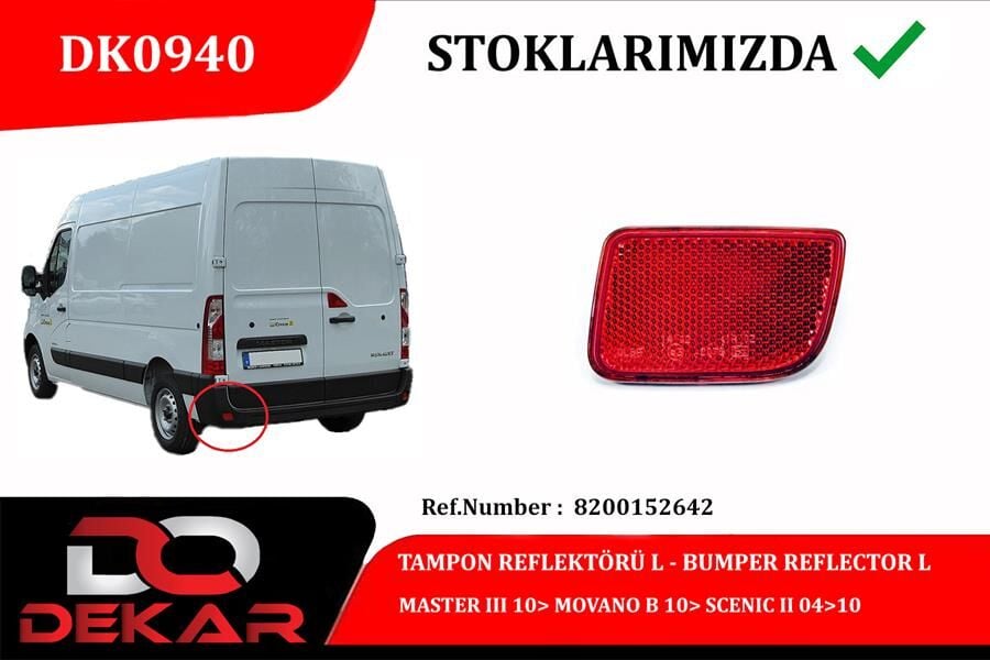 DEKAR DK0940 ARKA TAMPON REFLEKTÖRÜ SOL MASTER III 10> MOVANO B 10> SCENIC II 04>10 - Görsel 1