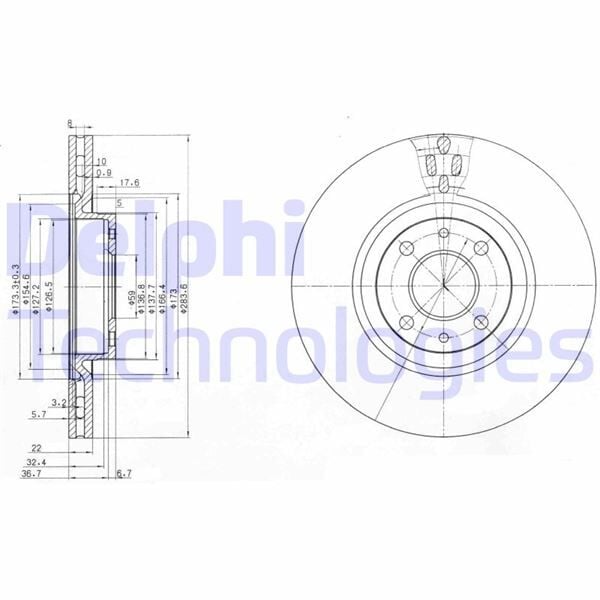 DELPHI BG2407 ÖN FREN AYNASI FIAT DOBLO 05>IDEA 04>LINEA 09> FIORINO 09> BRAVO 01>STILO 01> 284x22x 4 DELİK HAV ALI - Görsel 1