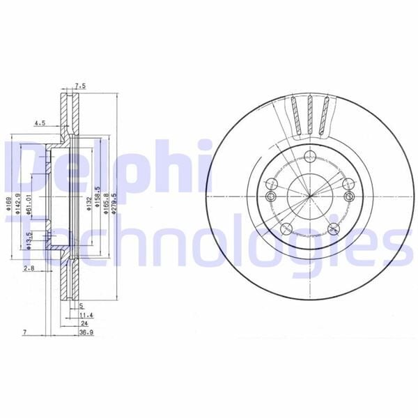 DELPHI BG2697 ÖN FREN AYNASI RENAULT LAGUNA I 96>01 SAFRANE 96> SCENIC I 96> ESPACE III 99>02 1.8 16V-2.0-2.2-2.5 20V-2.5-3.0 280x24x5DELİK HAVALI - Görsel 1