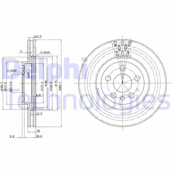 DELPHI BG2844 ÖN FREN DİSKİ CITROEN JUMPY I 99>06 PEUGEOT EXPERT 96>06 P806 94>02 FIAT SCUDO 96>06 281x43.5x26 - Görsel 1
