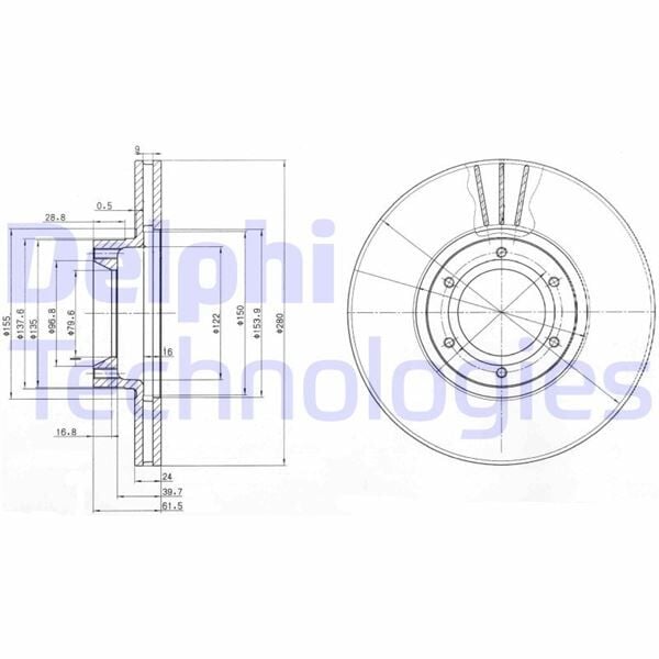 DELPHI BG3553 ÖN FREN AYNASI RENAULT MASTER II 98>06 OPEL MOVANO A 98>06 280x24 HAVALI 6 DELİK - Görsel 1