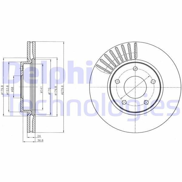 DELPHI BG4282C ÖN FREN DİSKİ HAVA KANALLI NISSAN JUKE 1.5L Dci F15 10-> / 1.6L HR16DE F15 10-> 280 çap x 5 bijon - Takım disk fiyatıdır - Görsel 1