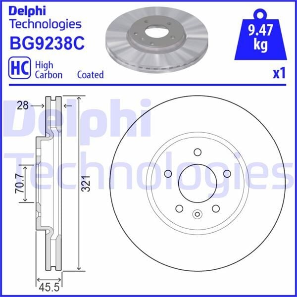 DELPHI BG9238C ÖN FREN AYNASI INSIGNIA B 2017 >> 17 İNÇ 321x28x5DL HAVALI - Görsel 1