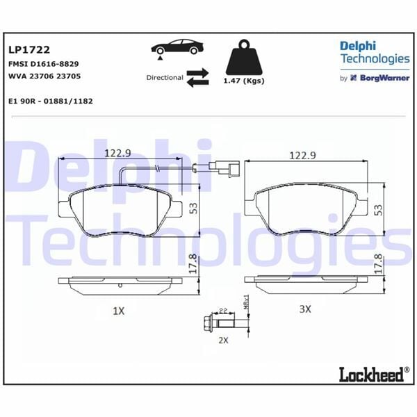DELPHI LP1722 ÖN BALATA DOBLO 1.3 06 >FIORINO-G.PUNTO-BIPPER-CORSA-NEMO 1.3 06 > LINEA 1.3 07 > - Görsel 1