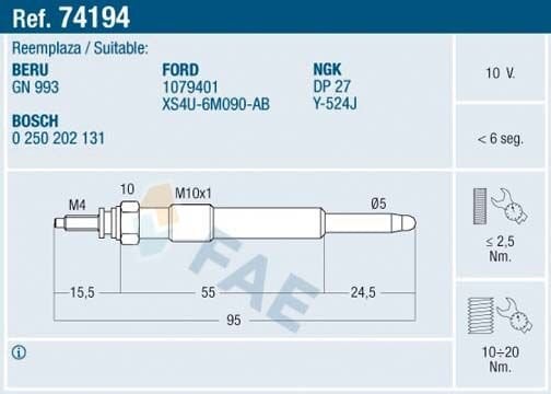 FAE 74194 KIZDIRMA BUJİSİ FIESTA IV-FOCUS-FOCUS II-CONNECT-CMAX-SMAX-GALAXY-MONDEO 1.8 TDCİ/1.8 D - Görsel 1