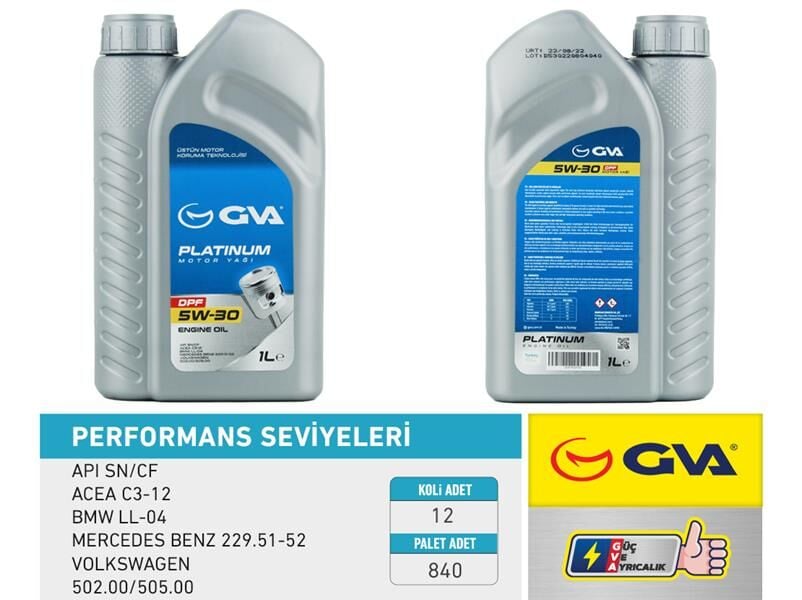 GVA 9920150 MOTOR YAĞI 5W30 1 LT PLATINUM PARTİKÜLLÜ-DPF TAM SENTETİK API SN/CF - Görsel 1