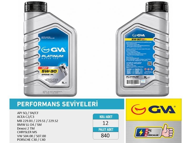 GVA 9921150 MOTOR YAĞI 5W30 1 LT PLATINUM PARTİKÜLLÜ-DPF TAM SENTETİK API SQ SN/CF - Görsel 1
