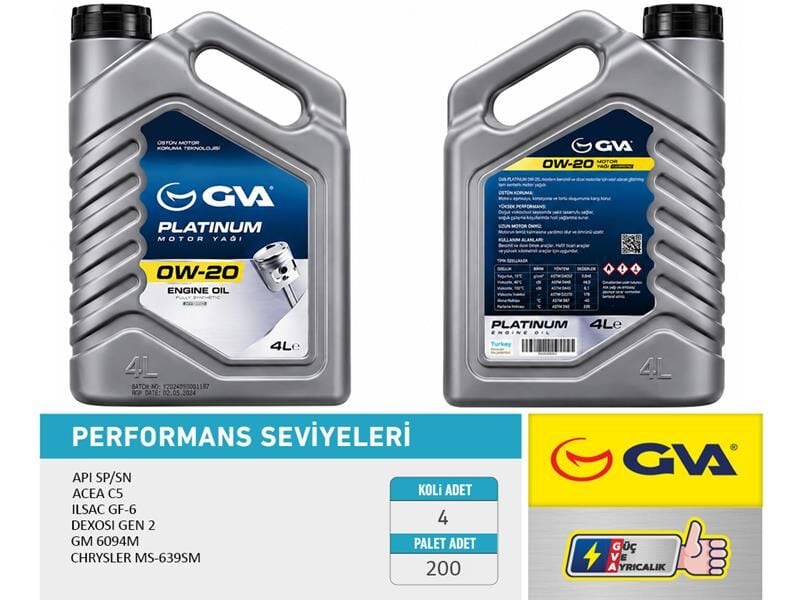 GVA 9921856 MOTOR YAĞI 4 LT 0W20 TAM SENTETİK API SP SN HIBRIT ARAÇLAR İÇİN - Görsel 1