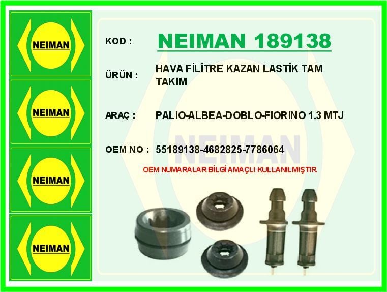 NEIMAN 189138 HAVA FİLİTRE KAZAN LASTİK TAM TAKIM PALIO-ALBEA-DOBLO-FIORINO 1.3 MTJ - Görsel 1