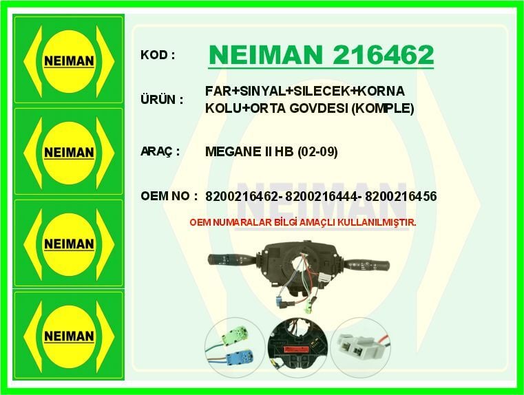 NEIMAN 216462 FAR SINYAL SILECEK KORNA KOLU ORTA GOVDESI KOMPLE MEGANE II HB 02-09 - Görsel 1