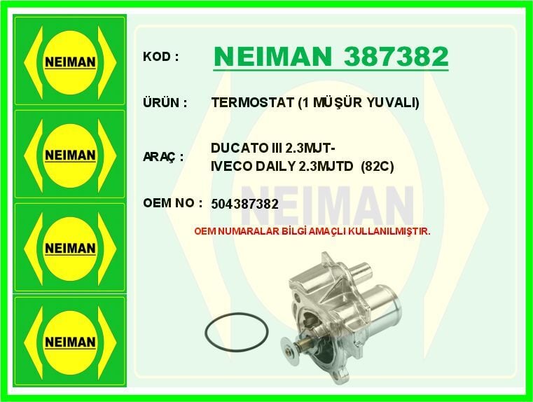 NEIMAN 387382 TERMOSTAT 82 C FIAT DUCATO 06>14 DUCATO 15> IVECO DAILY IV 06>11 DAILY V 11>14 DAILY VI 14>21 2.3D MJET 2.3 JTD F1A - Görsel 1