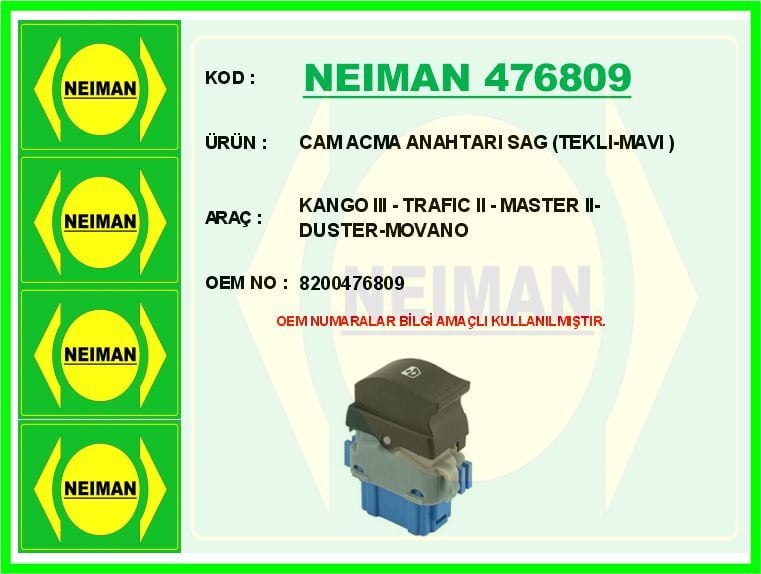 NEIMAN 476809 CAM ACMA ANAHTARI SAG TEKLI-MAVI KANGO III - TRAFIC II - MASTER II-DUSTER-MOVANO - Görsel 1