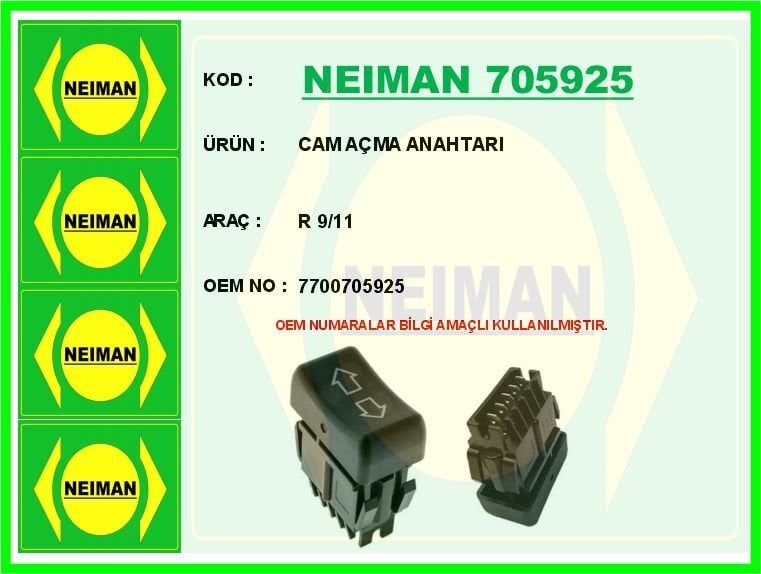 NEIMAN 705925 CAM AÇMA ANAHTARI RENAULT R9-R11 TEKLİ 5 PİN - Görsel 1