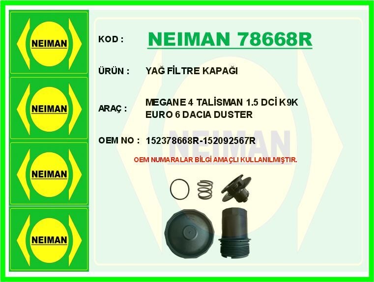NEIMAN 78668R YAG FILTRE KAPAGI RENAULT CLIO V DUSTER II KANGOO IV LODGY SYMBOL II MEGANE IV TRAFIC III 1.5dCi K9K 2.0dCi M9R EURO 6 - Görsel 1
