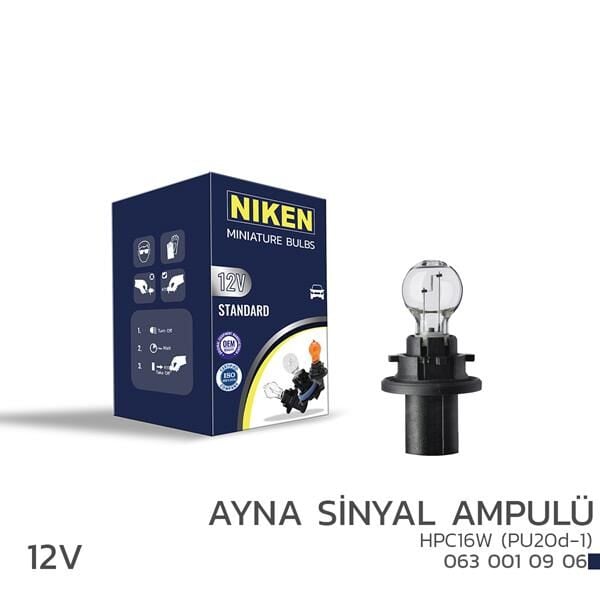 NIKEN 0630010906 NIKEN 12V HPC16W AYNA SİNYAL AMPULÜ PU20d-1 10LU - Görsel 1