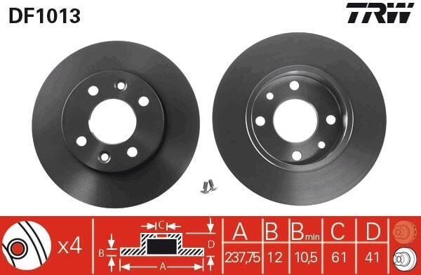 TRW DF1013 ÖN FREN AYNASI R9-R11-R19 CLIO I 91> CLIO II 98> MEGANE I 96> TWINGO 96> CLIO SYMBOL 00> LOGAN 06> S ANDERO 08> 238x12 4 DELİK - Görsel 1