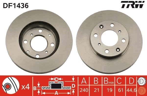 TRW DF1436 ÖN FREN DİSKİ HAVA KANALLI HONDA CIVIC 1.5L 1.6L D15B D16A SI EG EH kasa 92-95 / CIVIC EURO 1.4L D14A MA EJ EL kasa 96-00 240 çap x 4 bijon - Takım disk fiyatıdır - Görsel 1