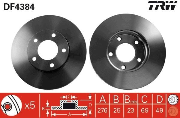 TRW DF4384 ÖN FREN DİSKİ HAVA KANALLI MAZDA 3 1.6L Y6 Z6 BK BL kasa 03-14 278 çap x 5 bijon - Takım disk fiyatıdır - Görsel 1