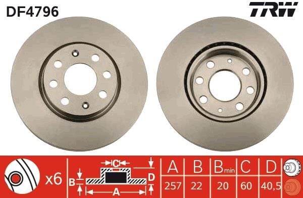 TRW DF4796 ÖN FREN AYNASI CORSA D 07> CORSA E 14> ADAM 13> FIAT PUNTO EVO 09> GRANDE PUNTO 05> 257x22x4DL HAVA LI - Görsel 1