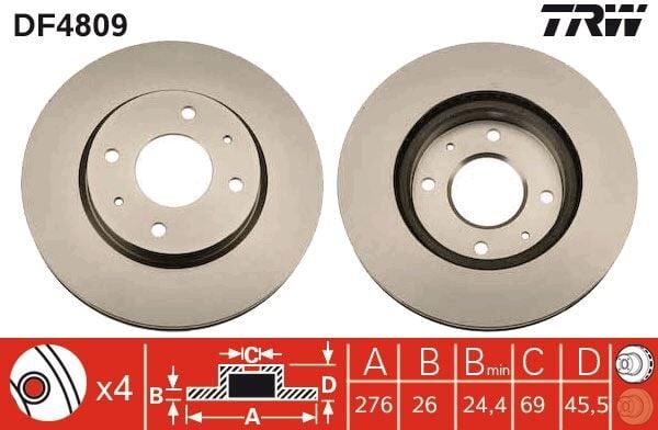TRW DF4809 ÖN FREN DİSKİ HAVA KANALLI MITSUBISHI LANCER 1.6L 4G18 CS3A 03-08 276 çap x 4 bijon - Takım disk fiyatıdır - Görsel 1